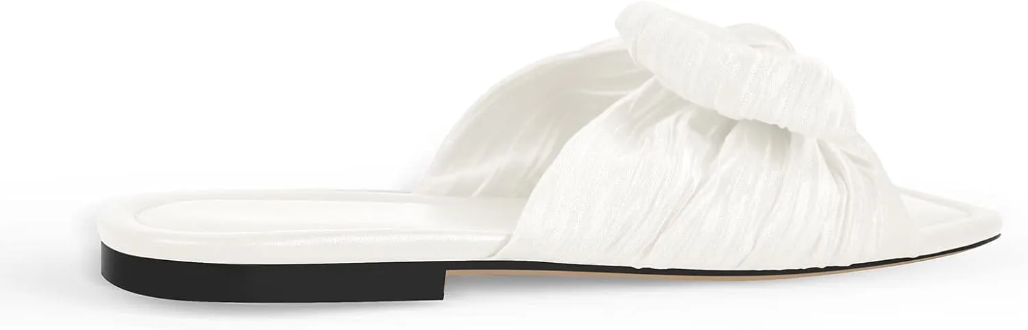 Women's Flat Pleated Bow Sandals for Women Slip on Slide Square Toe Sandals Dressy Beach