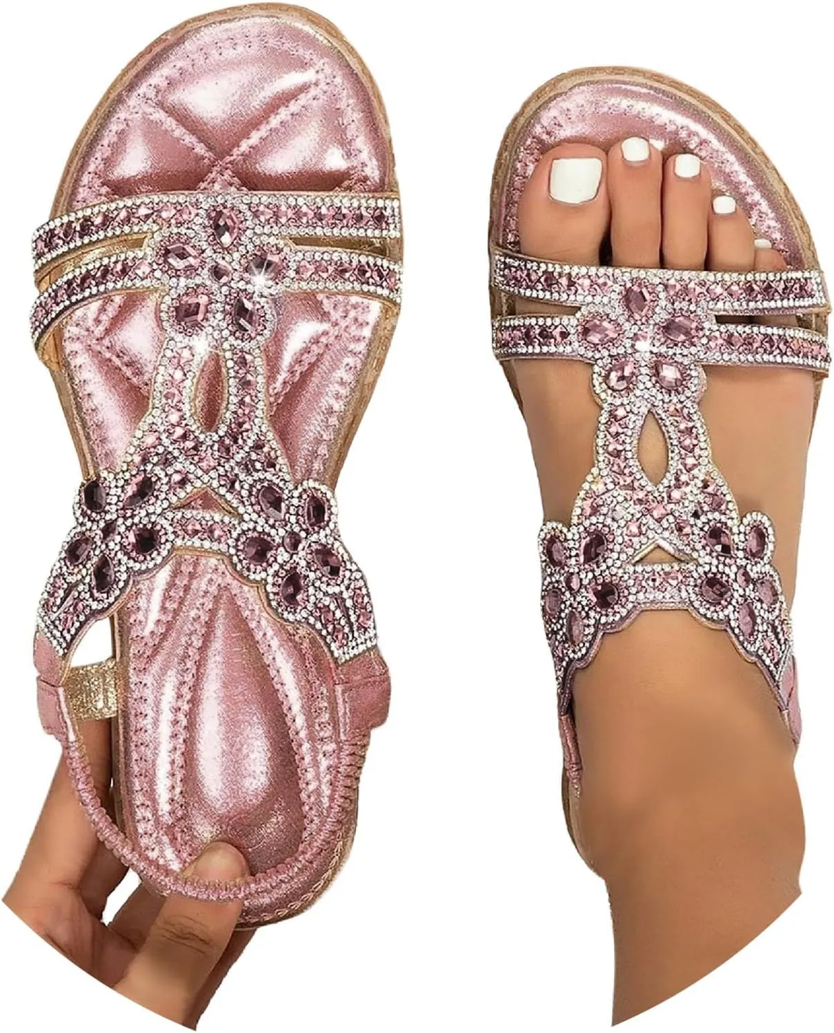Womens Flats Sandals Open Toe Orthopedic Sandals Pearl Sandal Ankle Strap Summer Shoes Dressy Comfortable Wide Feet Sandal Outdoor Walking Shoes Lightweight Casual