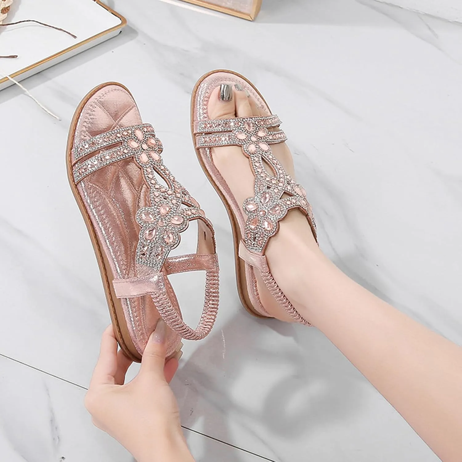 Womens Flats Sandals Open Toe Orthopedic Sandals Pearl Sandal Ankle Strap Summer Shoes Dressy Comfortable Wide Feet Sandal Outdoor Walking Shoes Lightweight Casual