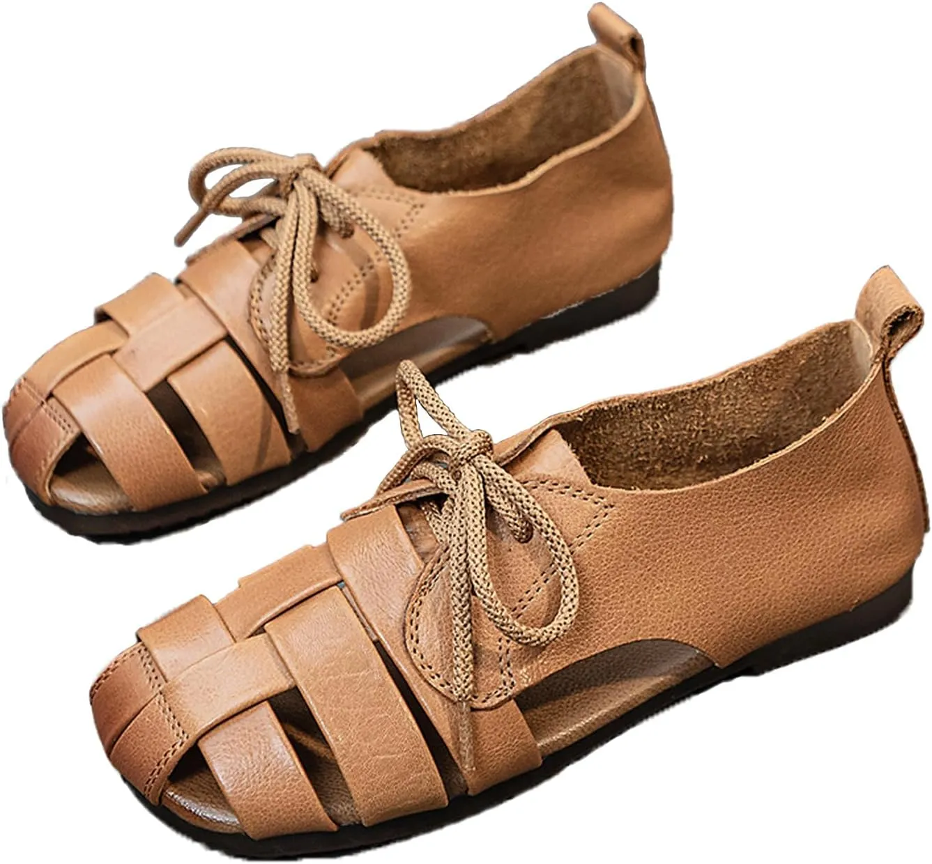 Women's Genuine Leather Lace up Hollow Fisherman Sandals Fashion Summer Soft Sole Flat Anti-Slip Closed Round Toe Gladiator Woven Comfortable Causal Walking Beach Sport Sandals