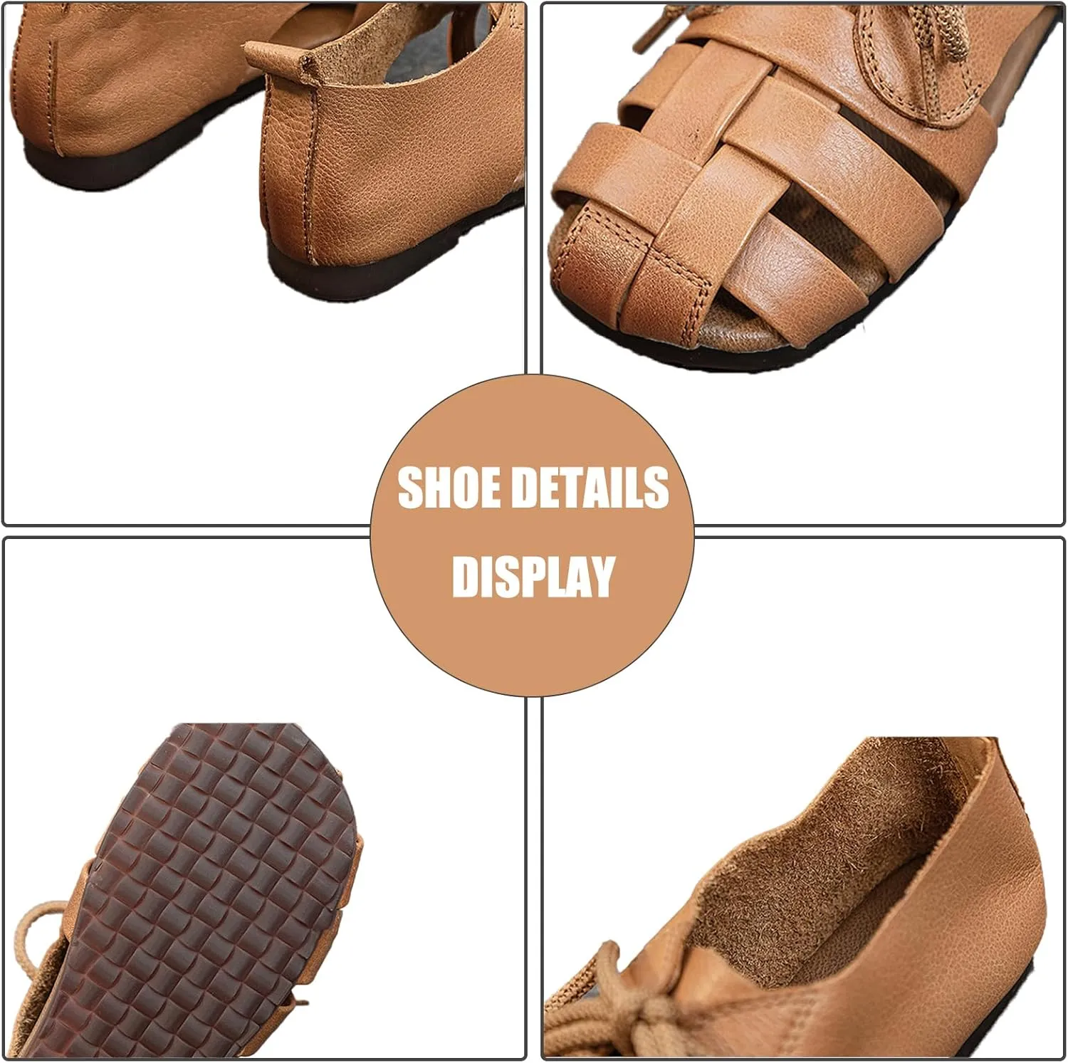 Women's Genuine Leather Lace up Hollow Fisherman Sandals Fashion Summer Soft Sole Flat Anti-Slip Closed Round Toe Gladiator Woven Comfortable Causal Walking Beach Sport Sandals