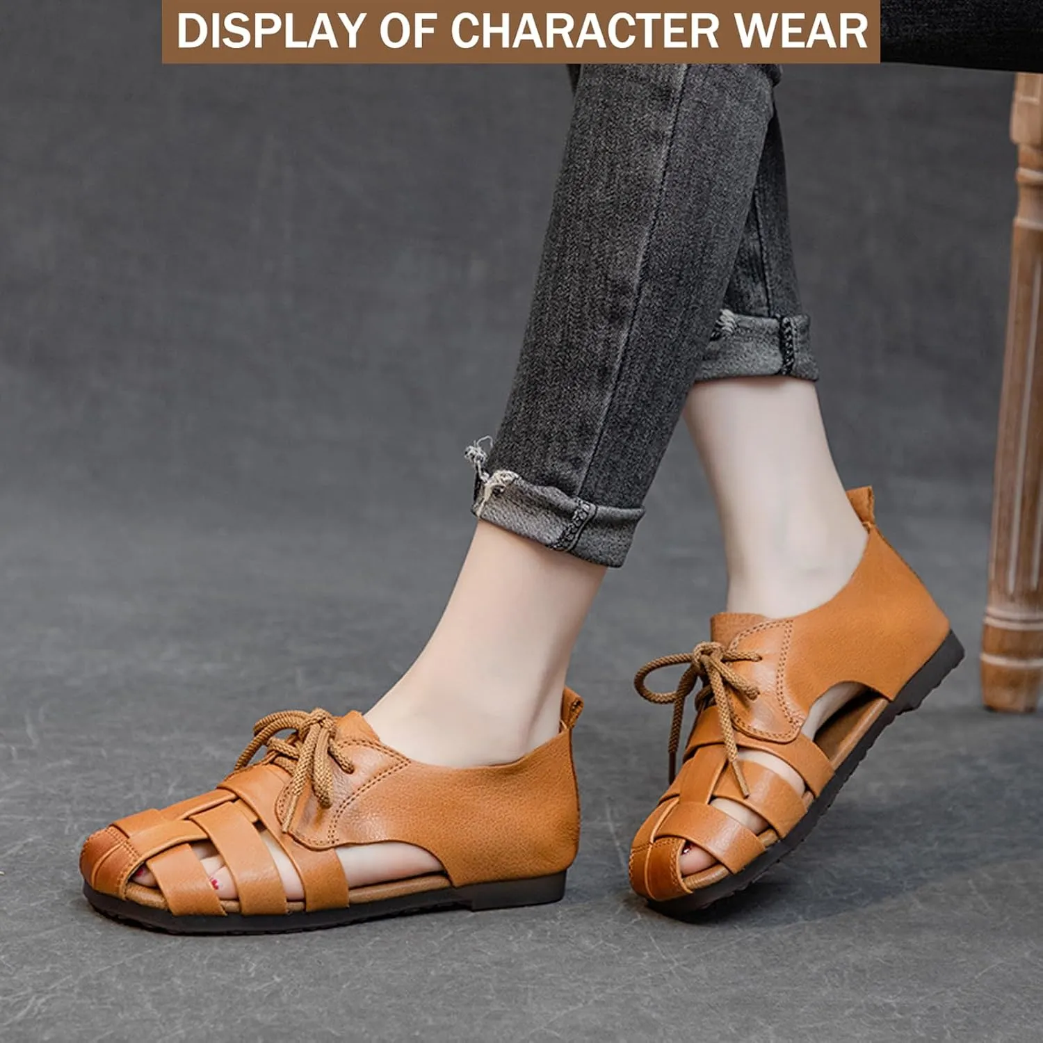 Women's Genuine Leather Lace up Hollow Fisherman Sandals Fashion Summer Soft Sole Flat Anti-Slip Closed Round Toe Gladiator Woven Comfortable Causal Walking Beach Sport Sandals