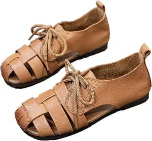 Women's Genuine Leather Lace up Hollow Fisherman Sandals Fashion Summer Soft Sole Flat Anti-Slip Closed Round Toe Gladiator Woven Comfortable Causal Walking Beach Sport Sandals