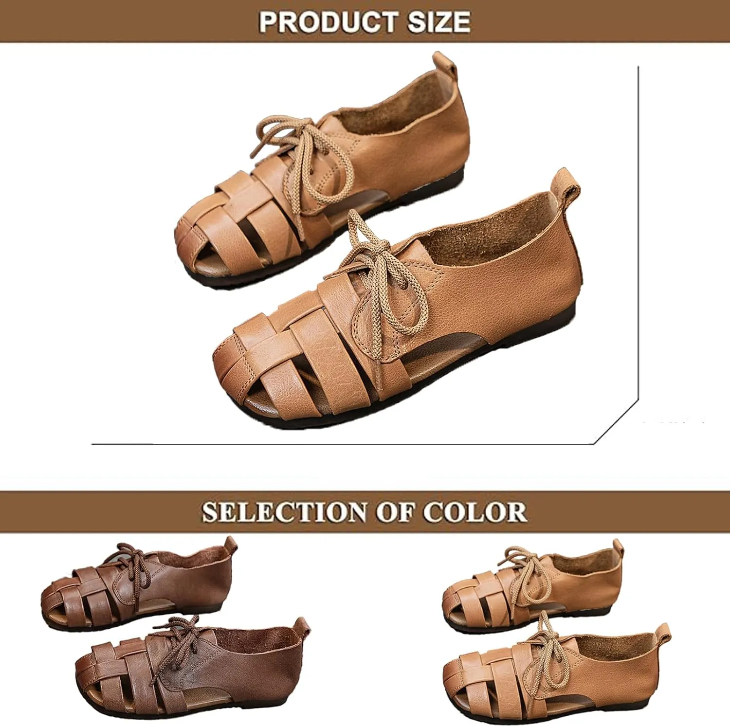 Women's Genuine Leather Lace up Hollow Fisherman Sandals Fashion Summer Soft Sole Flat Anti-Slip Closed Round Toe Gladiator Woven Comfortable Causal Walking Beach Sport Sandals
