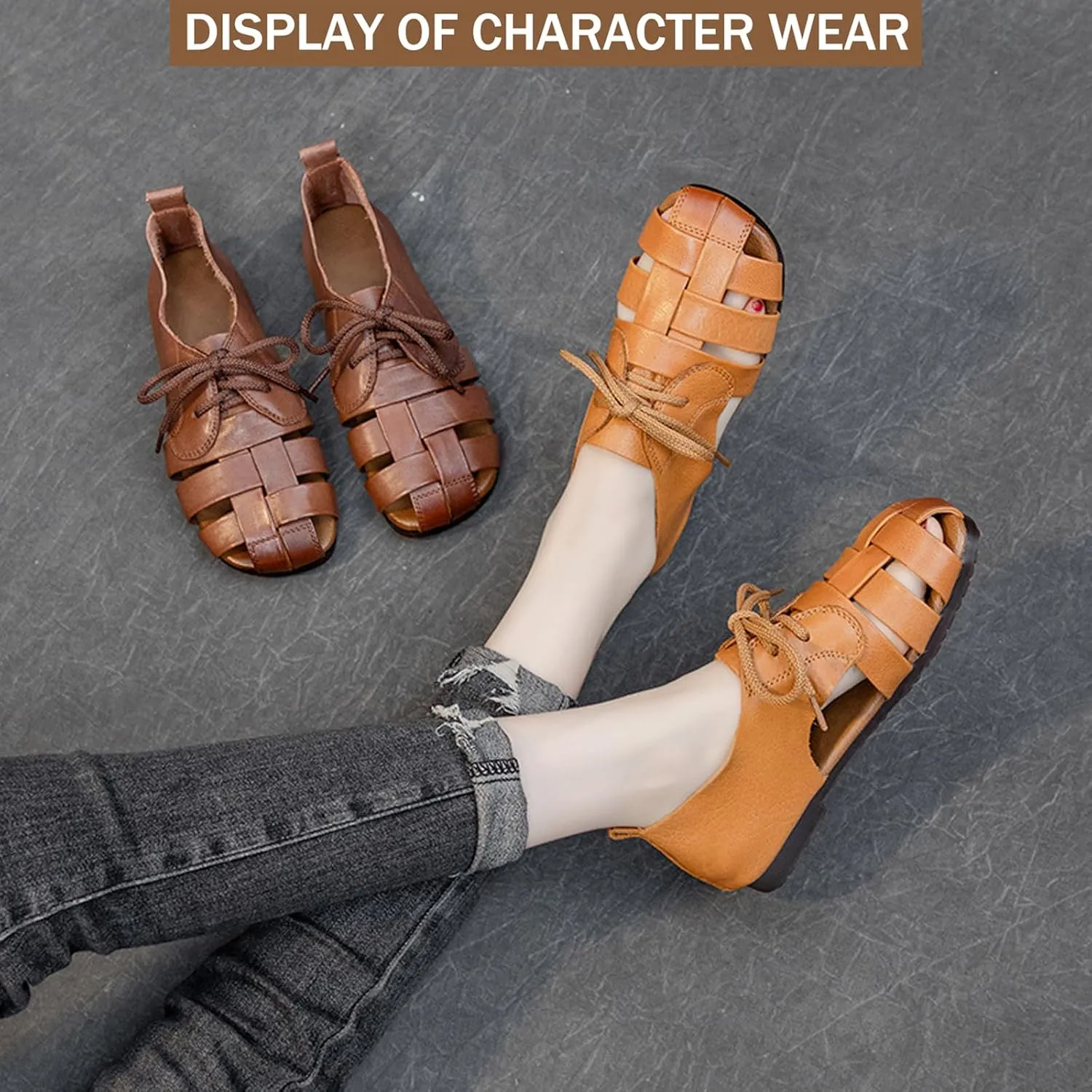 Women's Genuine Leather Lace up Hollow Fisherman Sandals Fashion Summer Soft Sole Flat Anti-Slip Closed Round Toe Gladiator Woven Comfortable Causal Walking Beach Sport Sandals