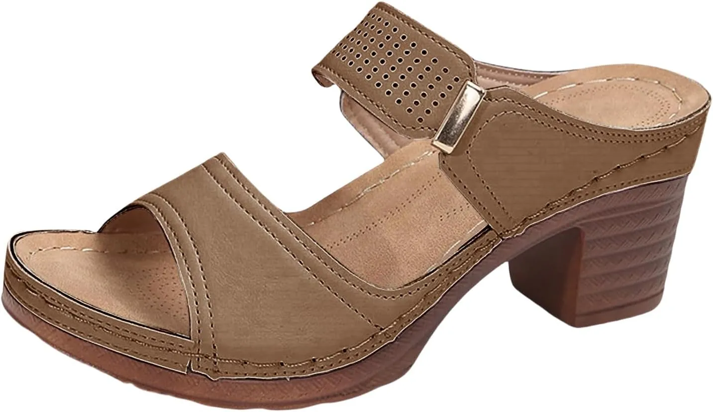 Women's Heeled Sandals Summer Casual Open Toe Mid Ankle Sandal Lightweight Platform Chunky Heels Low Block Shoes Comfortable Slip On Solid Color Summer Mules 2025