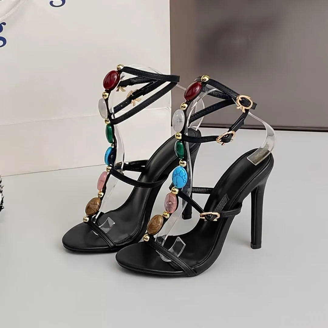 Women's Jeweled Ankle Strap Stiletto Heels Sandals Summer Open Toe Strappy Gladiator Heeled Sandals for Women