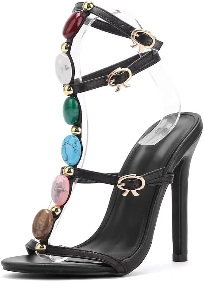 Women's Jeweled Ankle Strap Stiletto Heels Sandals Summer Open Toe Strappy Gladiator Heeled Sandals for Women