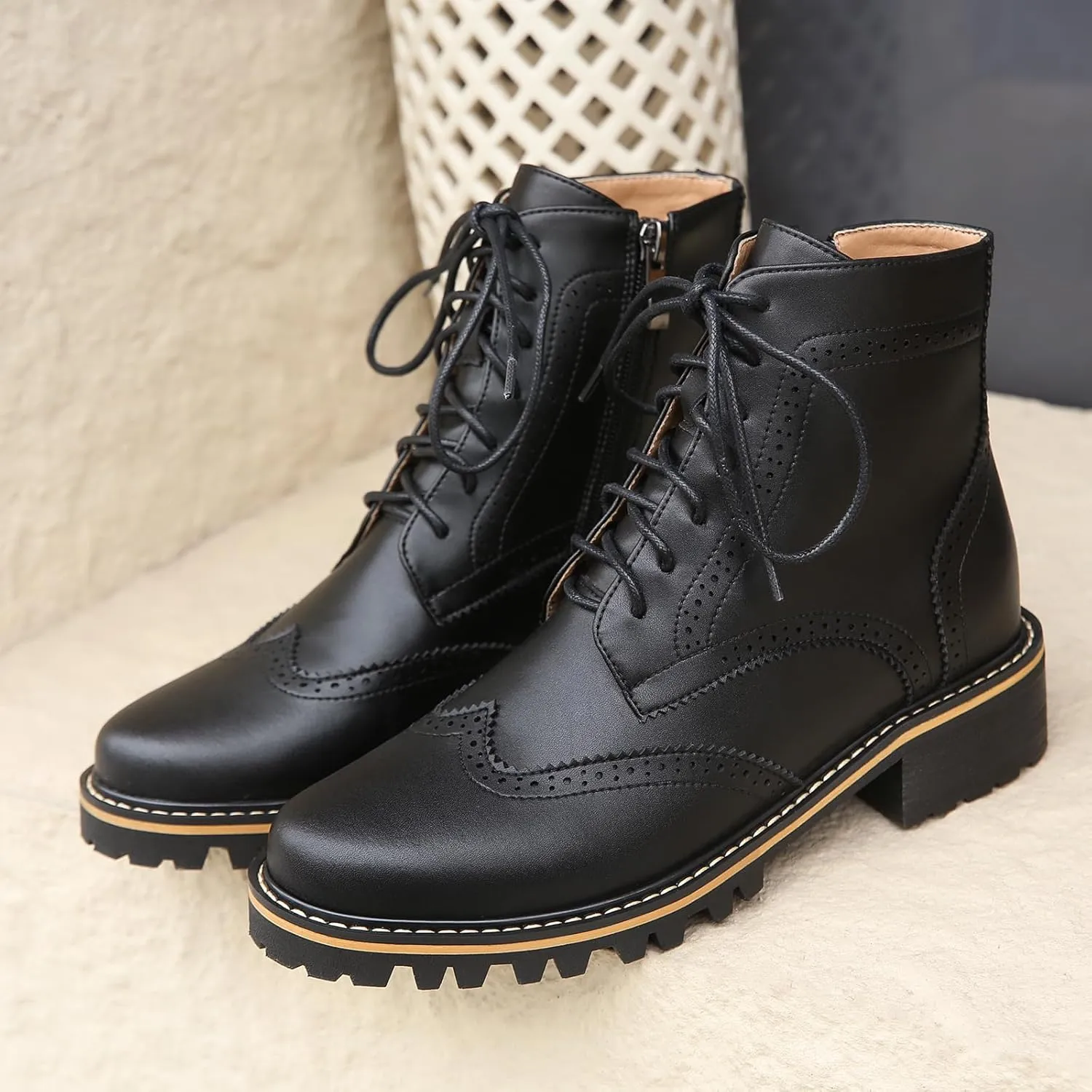 Women's Leather Ankle Boots Low Heel Oxford Flat Short Boots Perforated Lace Up Side Zipper Booties