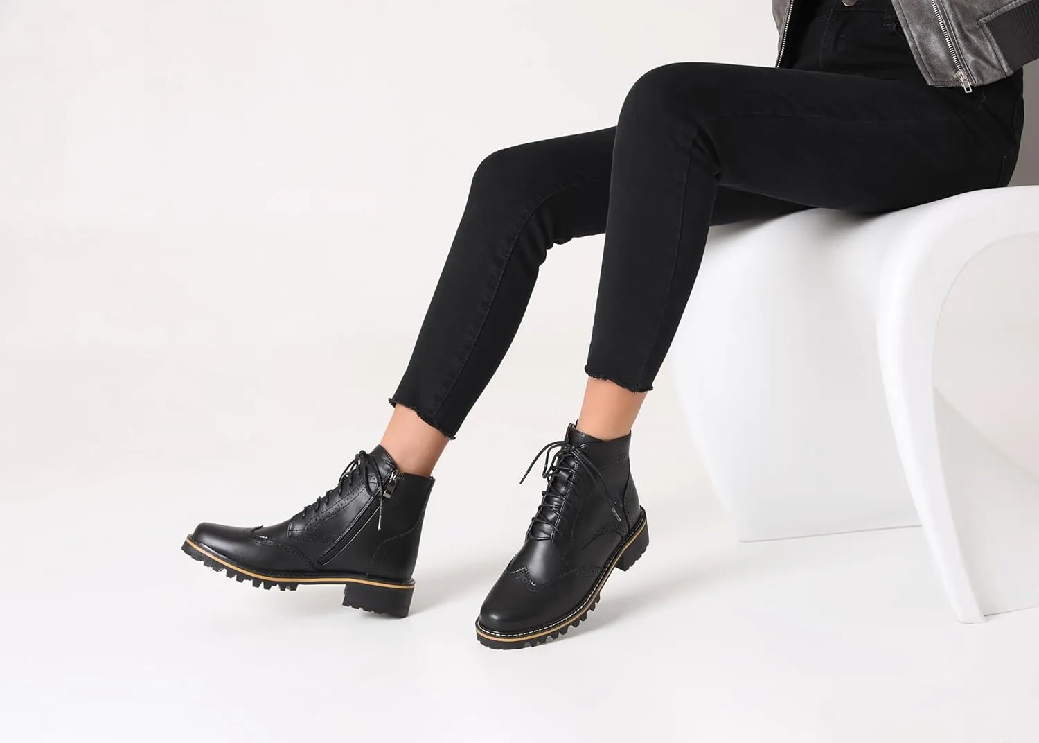 Women's Leather Ankle Boots Low Heel Oxford Flat Short Boots Perforated Lace Up Side Zipper Booties