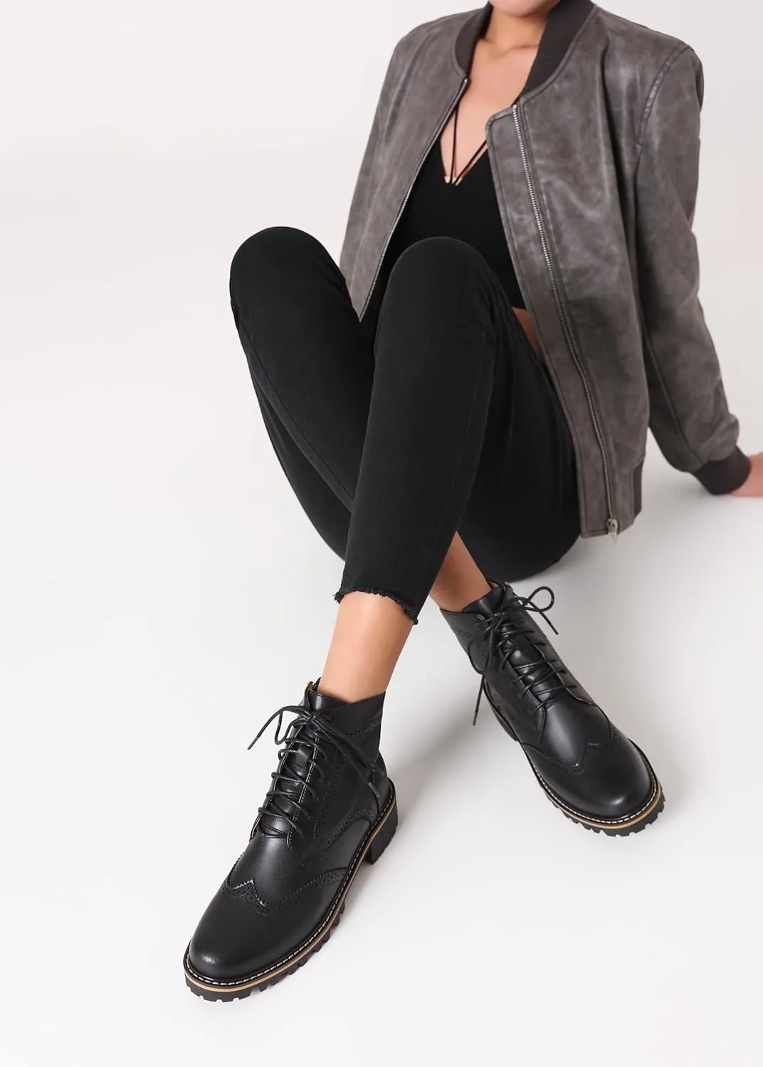 Women's Leather Ankle Boots Low Heel Oxford Flat Short Boots Perforated Lace Up Side Zipper Booties