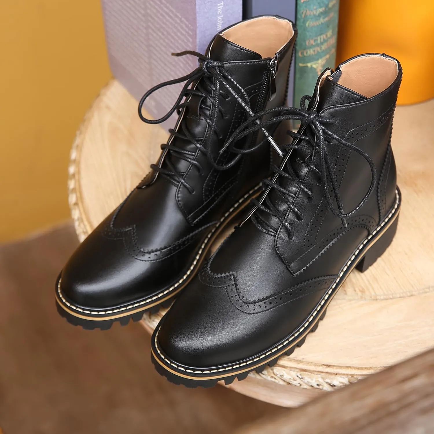 Women's Leather Ankle Boots Low Heel Oxford Flat Short Boots Perforated Lace Up Side Zipper Booties