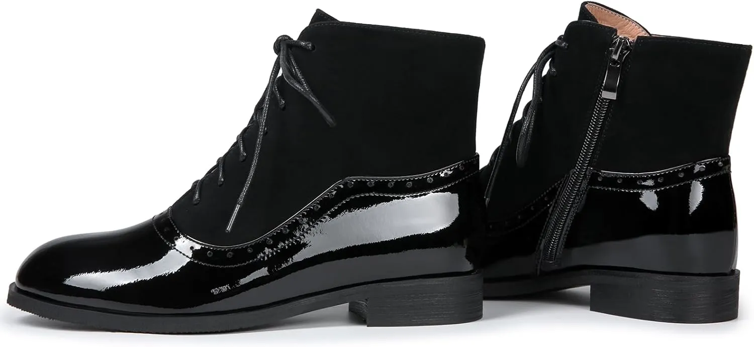 Women's Leather Ankle Boots Low Heel Oxford Flat Short Boots Perforated Lace Up Side Zipper Booties