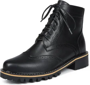 Women's Leather Ankle Boots Low Heel Oxford Flat Short Boots Perforated Lace Up Side Zipper Booties