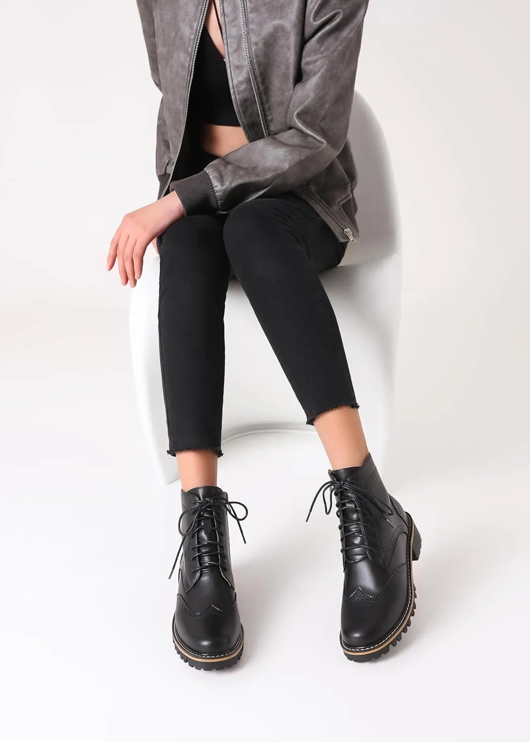 Women's Leather Ankle Boots Low Heel Oxford Flat Short Boots Perforated Lace Up Side Zipper Booties