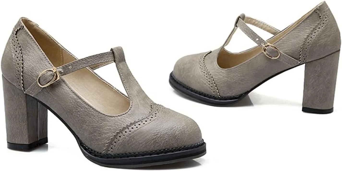 Women's Leather Classic T-Strap Mary Janes Chunky High Heel Retro Round Toe Oxfords Dress Pump Shoes