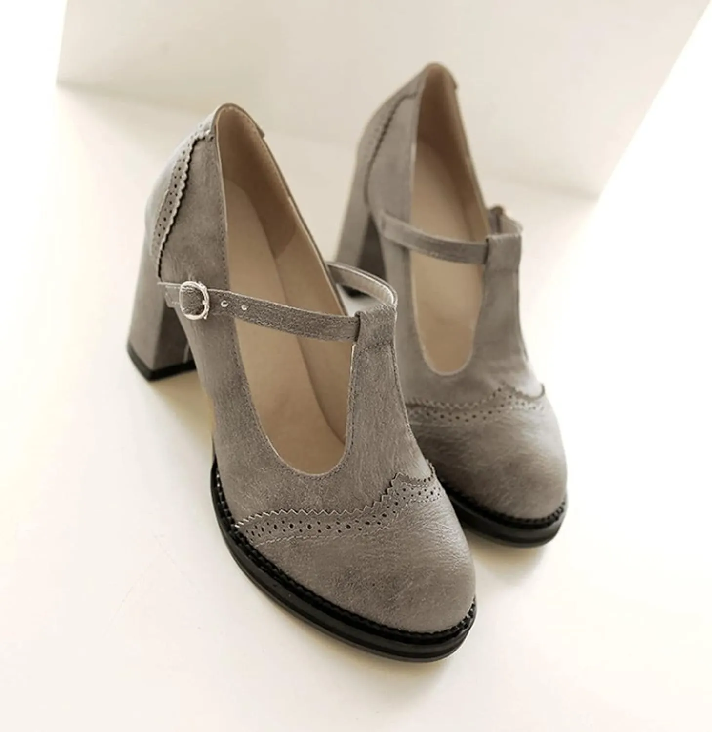 Women's Leather Classic T-Strap Mary Janes Chunky High Heel Retro Round Toe Oxfords Dress Pump Shoes