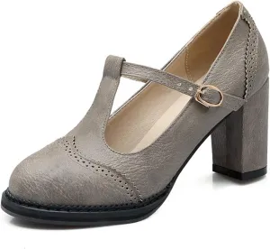 Women's Leather Classic T-Strap Mary Janes Chunky High Heel Retro Round Toe Oxfords Dress Pump Shoes