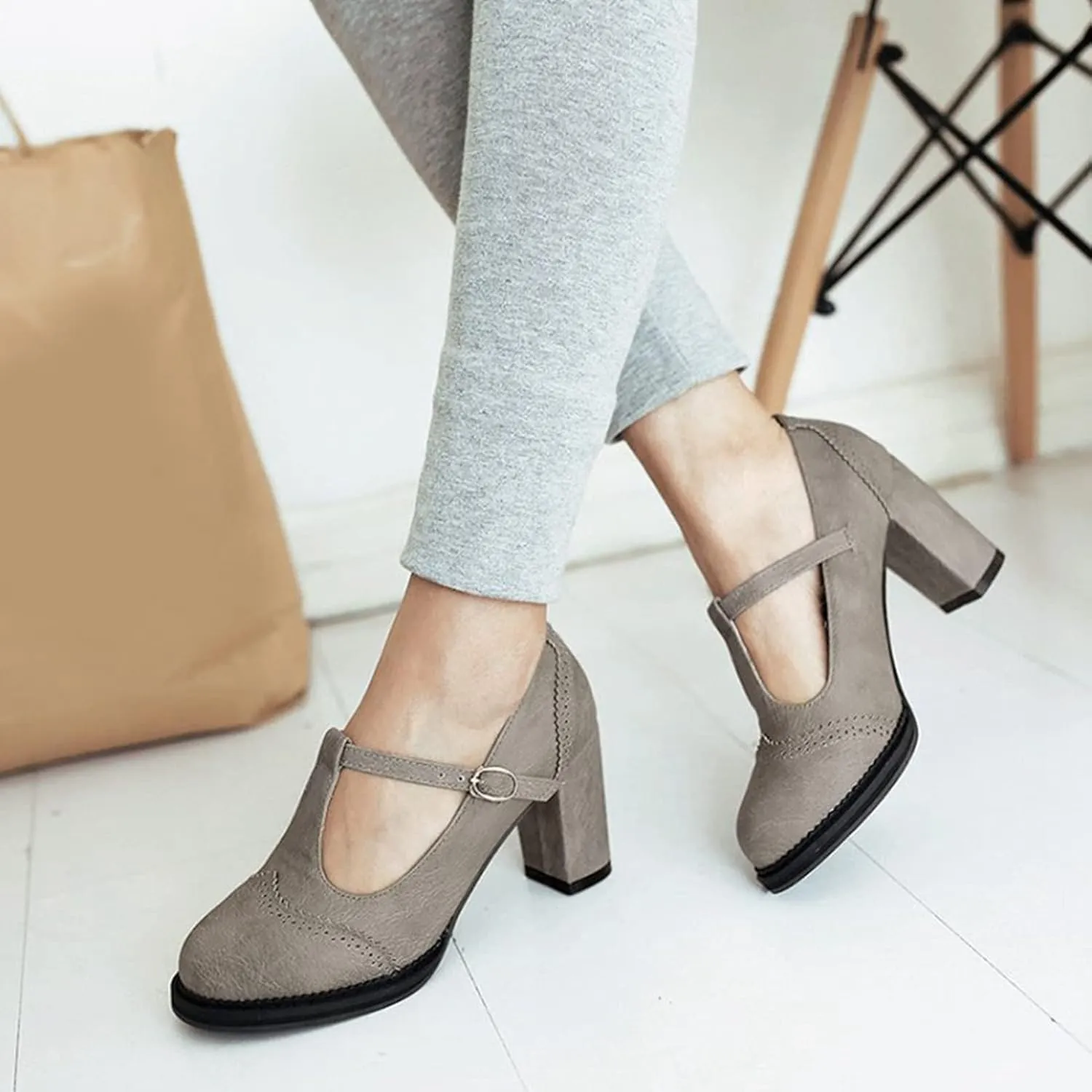 Women's Leather Classic T-Strap Mary Janes Chunky High Heel Retro Round Toe Oxfords Dress Pump Shoes