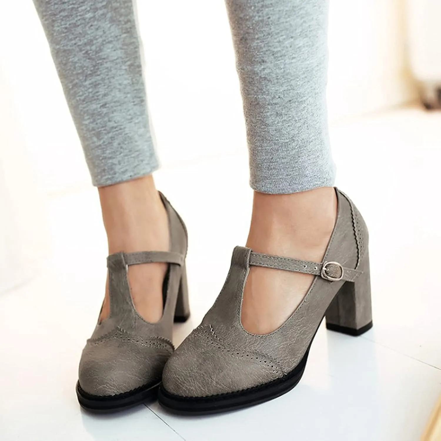 Women's Leather Classic T-Strap Mary Janes Chunky High Heel Retro Round Toe Oxfords Dress Pump Shoes