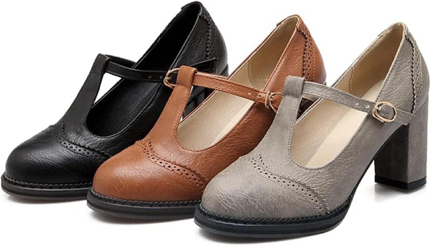 Women's Leather Classic T-Strap Mary Janes Chunky High Heel Retro Round Toe Oxfords Dress Pump Shoes