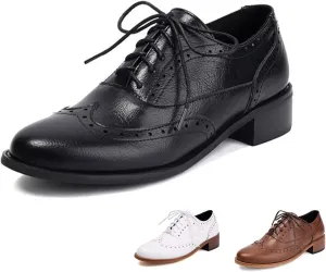 Women's Leather Comfortable Chunky Stacked Heel Brogue Oxford Shoes Classic Pointed Toe Breathable Perforated Lace up Low Heel Business Casual Dress Oxfords for Wedding Party Work