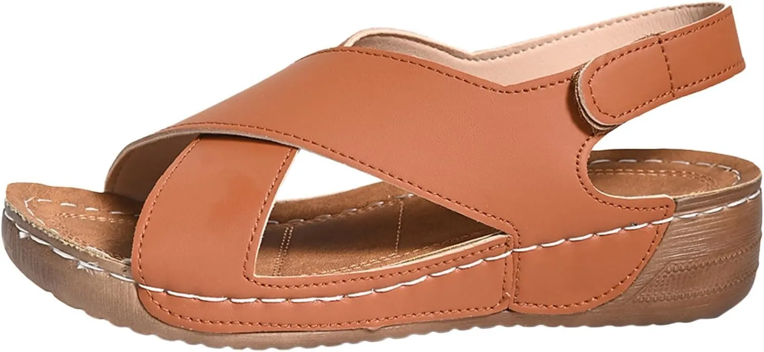 Womens Orthopedic Wedge Sandals Summer Comfortable Casual Slides Sandals with Arch Support Criss Cross Buckle Ankle Strap Wedge Shoes