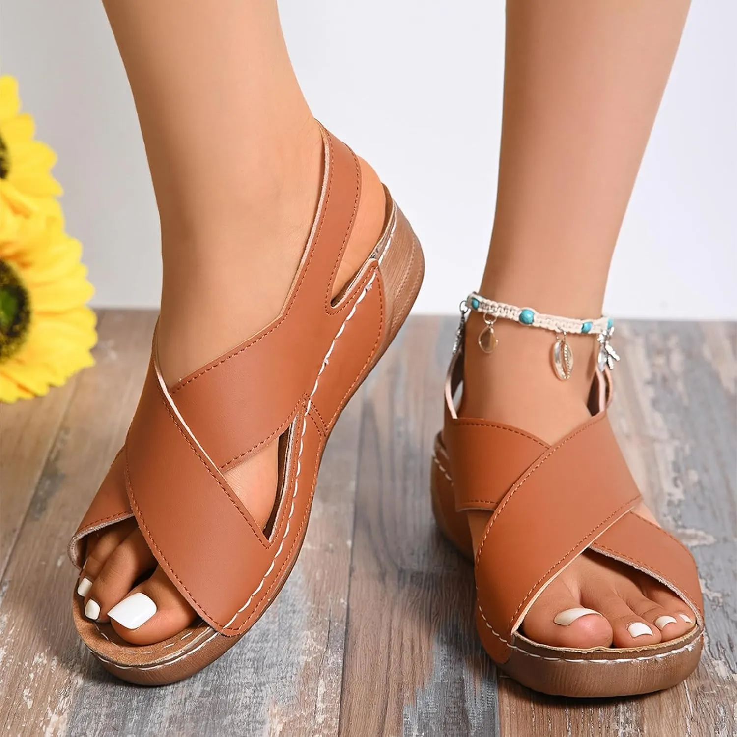 Womens Orthopedic Wedge Sandals Summer Comfortable Casual Slides Sandals with Arch Support Criss Cross Buckle Ankle Strap Wedge Shoes