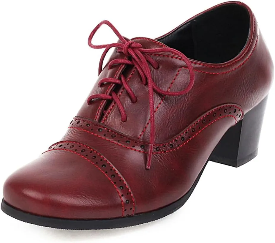 Women's Oxfords Wingtip Lace Up Chunky High Heels Pumps Square Closed Toe Vintage Brogue Dress Shoes