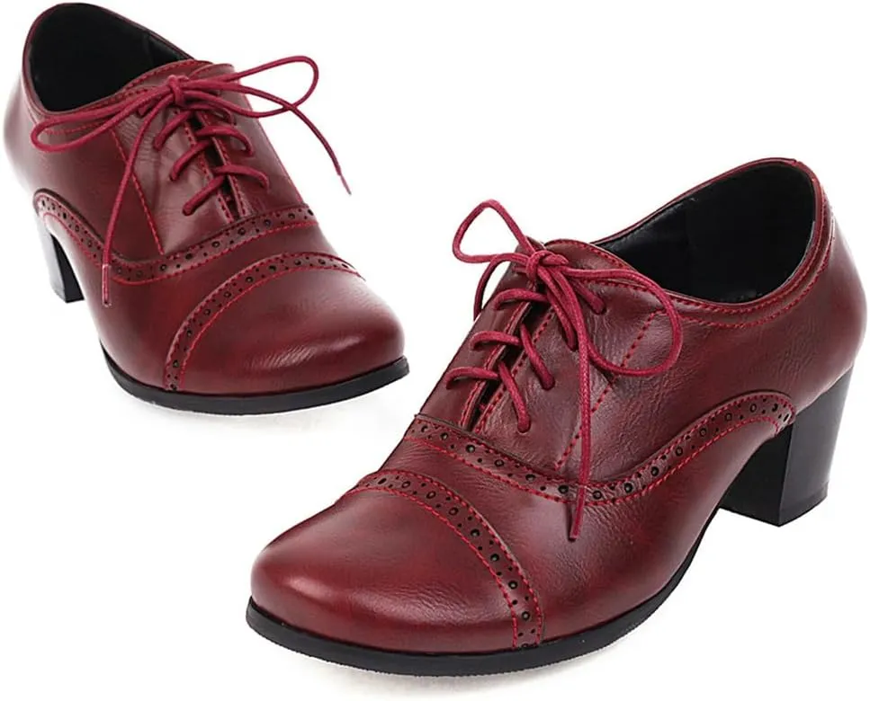 Women's Oxfords Wingtip Lace Up Chunky High Heels Pumps Square Closed Toe Vintage Brogue Dress Shoes