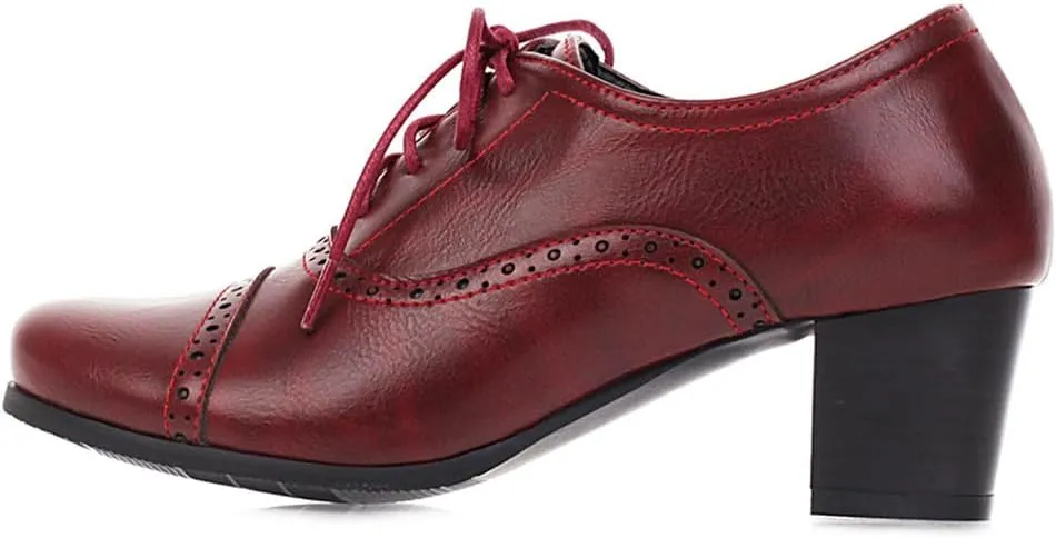 Women's Oxfords Wingtip Lace Up Chunky High Heels Pumps Square Closed Toe Vintage Brogue Dress Shoes