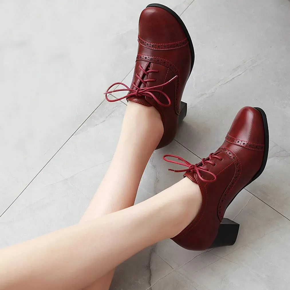 Women's Oxfords Wingtip Lace Up Chunky High Heels Pumps Square Closed Toe Vintage Brogue Dress Shoes