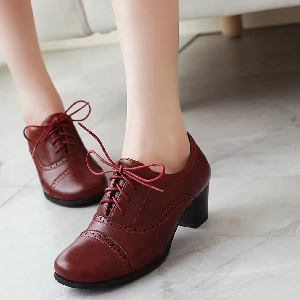 Women's Oxfords Wingtip Lace Up Chunky High Heels Pumps Square Closed Toe Vintage Brogue Dress Shoes