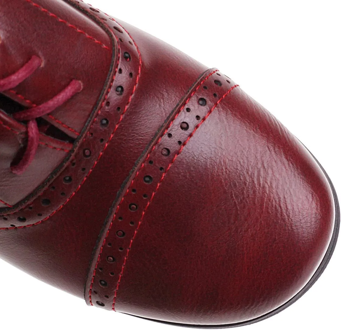 Women's Oxfords Wingtip Lace Up Chunky High Heels Pumps Square Closed Toe Vintage Brogue Dress Shoes