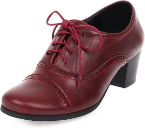 Women's Oxfords Wingtip Lace Up Chunky High Heels Pumps Square Closed Toe Vintage Brogue Dress Shoes