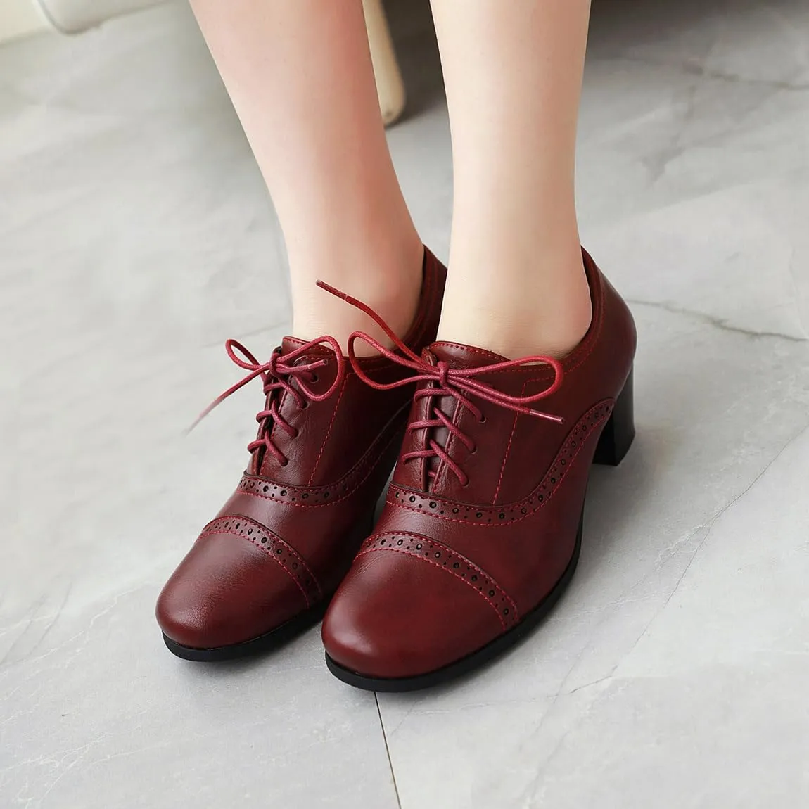 Women's Oxfords Wingtip Lace Up Chunky High Heels Pumps Square Closed Toe Vintage Brogue Dress Shoes