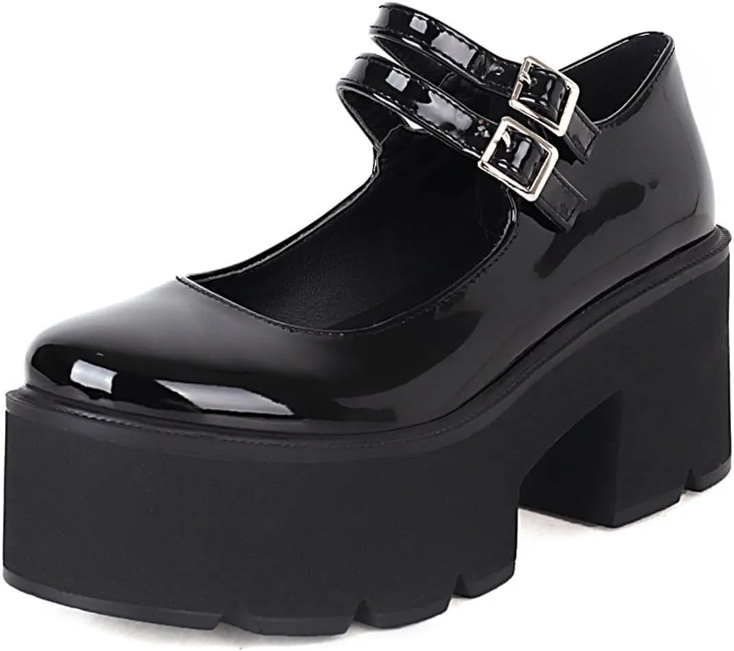 Women's Patent Leather Platform Mary Jane Shoes,Retro Round Toe Two-Strap Buckle Low Heel Chunky Pumps Lug Sole Dress Shoes