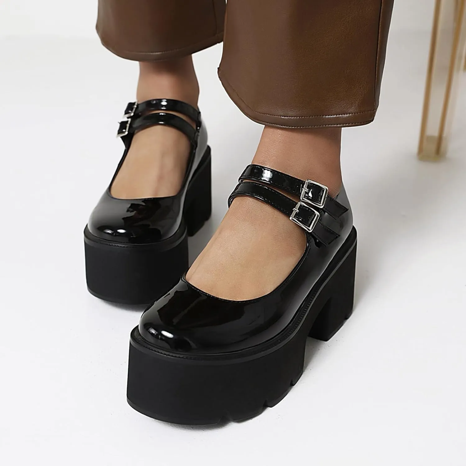 Women's Patent Leather Platform Mary Jane Shoes,Retro Round Toe Two-Strap Buckle Low Heel Chunky Pumps Lug Sole Dress Shoes
