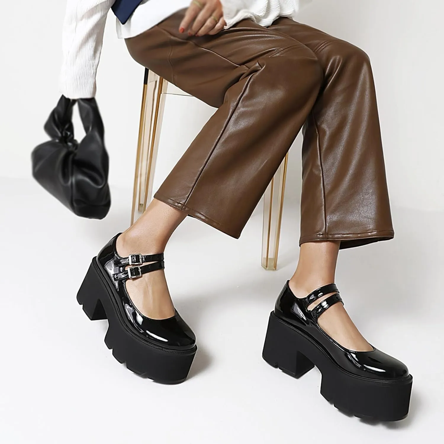 Women's Patent Leather Platform Mary Jane Shoes,Retro Round Toe Two-Strap Buckle Low Heel Chunky Pumps Lug Sole Dress Shoes
