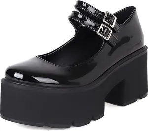 Women's Patent Leather Platform Mary Jane Shoes,Retro Round Toe Two-Strap Buckle Low Heel Chunky Pumps Lug Sole Dress Shoes
