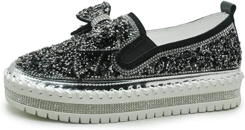 Women's Platform Glitter Sneaker Rhinestone Bling Platform Walking Shoes Cute Bowknot Sequin Shiny Loafers