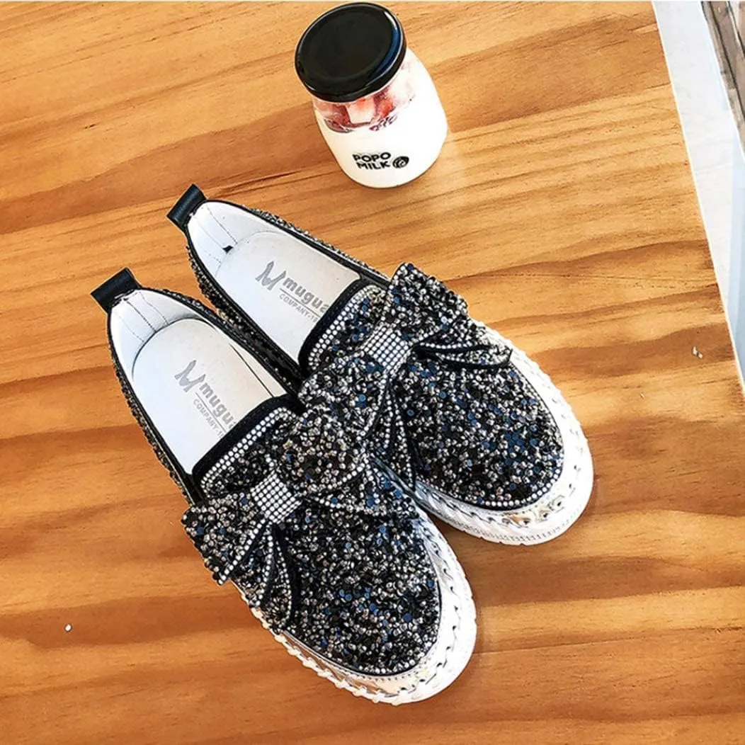 Women's Platform Glitter Sneaker Rhinestone Bling Platform Walking Shoes Cute Bowknot Sequin Shiny Loafers