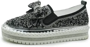 Women's Platform Glitter Sneaker Rhinestone Bling Platform Walking Shoes Cute Bowknot Sequin Shiny Loafers