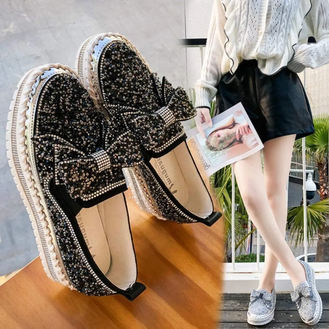 Women's Platform Glitter Sneaker Rhinestone Bling Platform Walking Shoes Cute Bowknot Sequin Shiny Loafers