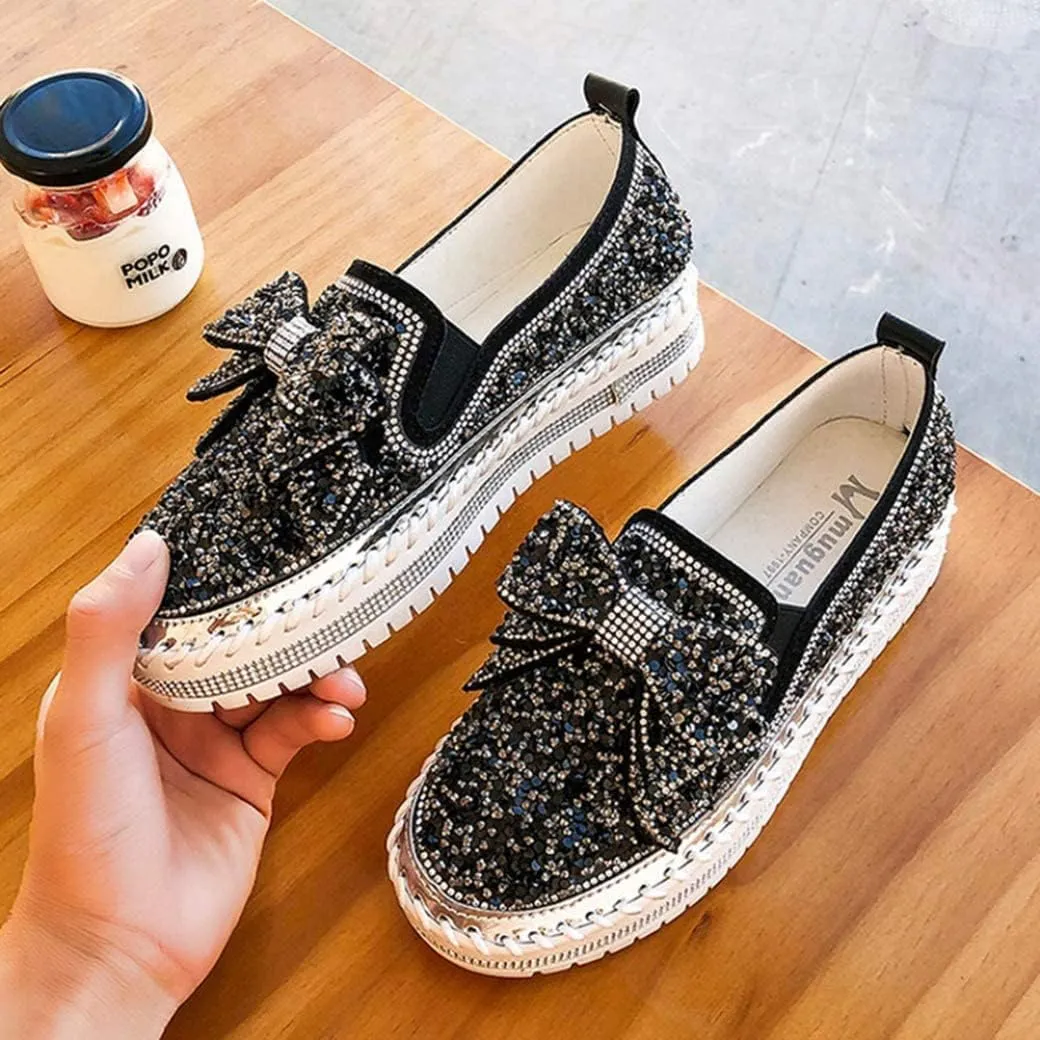 Women's Platform Glitter Sneaker Rhinestone Bling Platform Walking Shoes Cute Bowknot Sequin Shiny Loafers