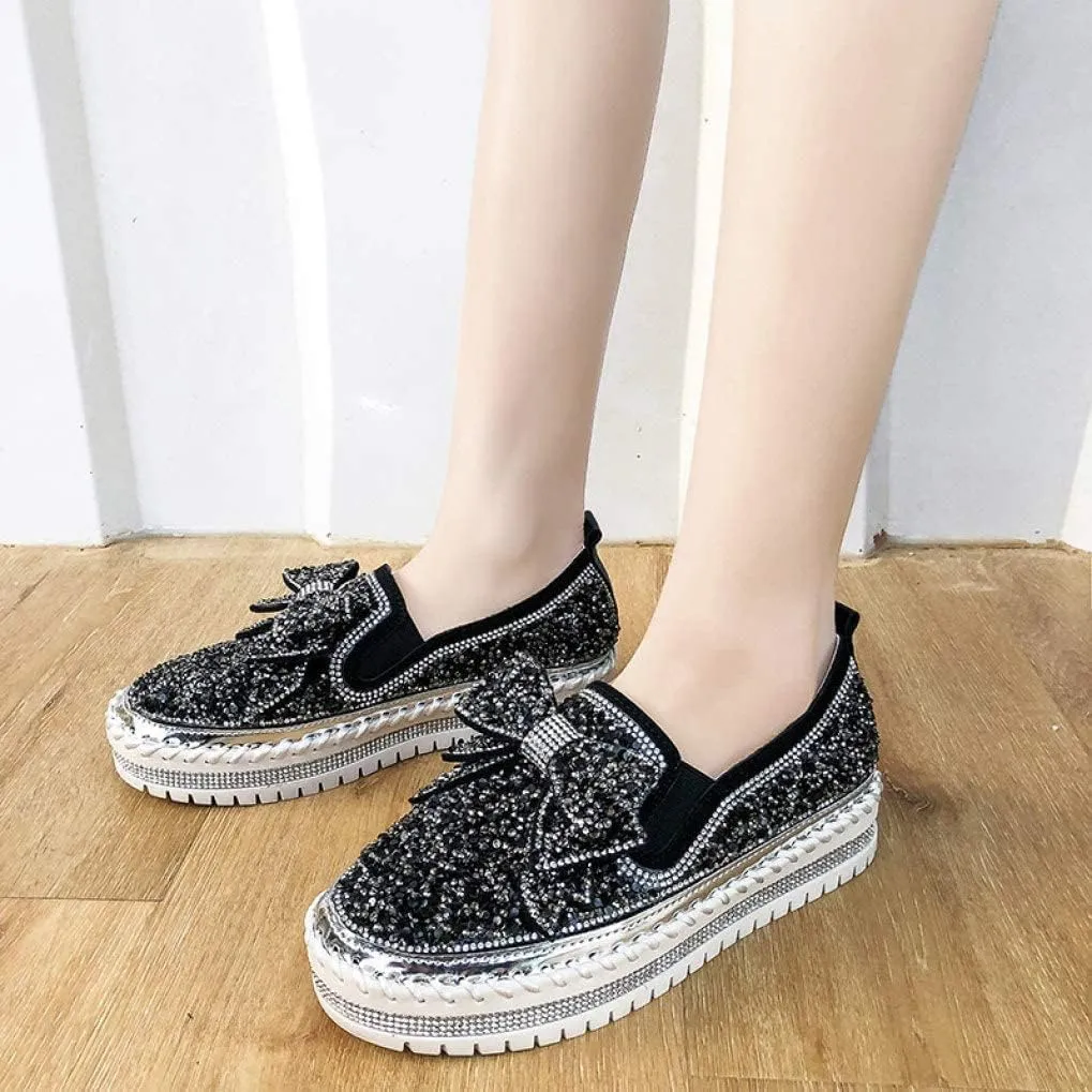 Women's Platform Glitter Sneaker Rhinestone Bling Platform Walking Shoes Cute Bowknot Sequin Shiny Loafers