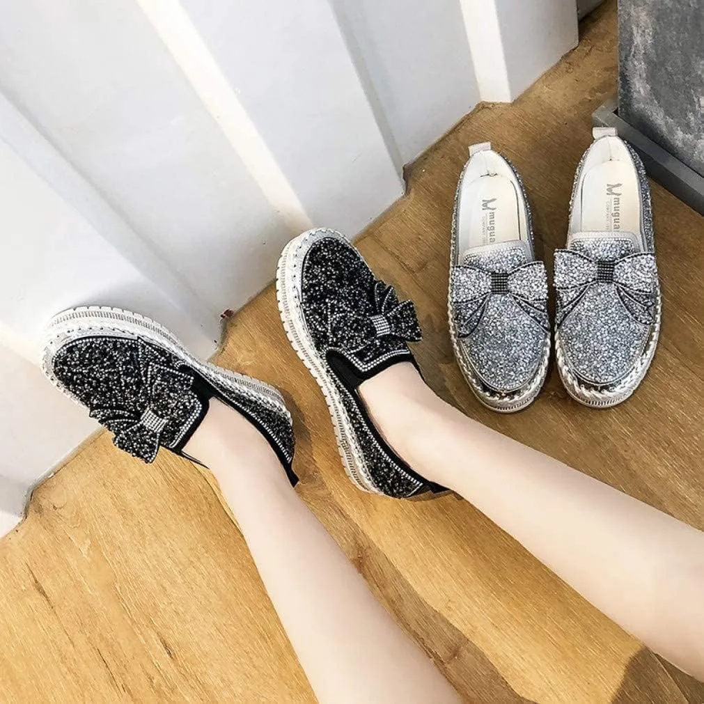 Women's Platform Glitter Sneaker Rhinestone Bling Platform Walking Shoes Cute Bowknot Sequin Shiny Loafers