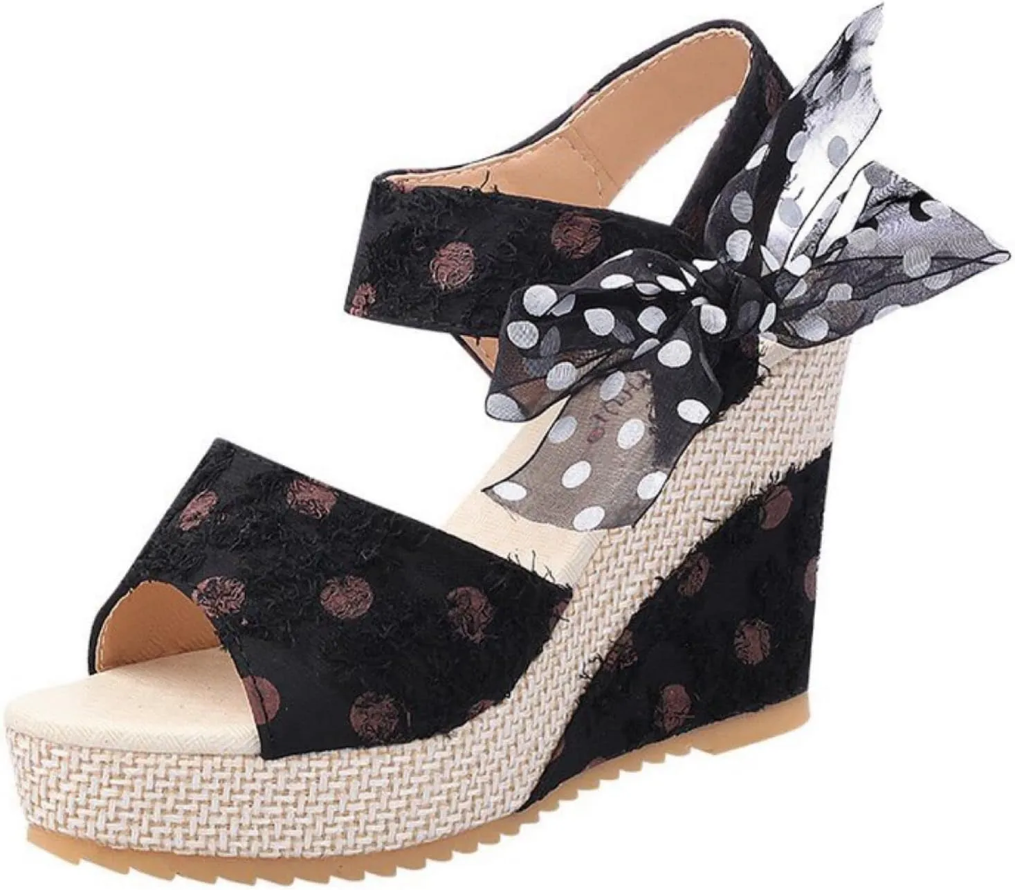 Women's Platform Wedge Sandals Polka Dot Wedge Bow Platform Sandals Elegant Floral Bow Tie Ankle Strap Shoes for Bride Wedding Christmas Halloween Party Favor