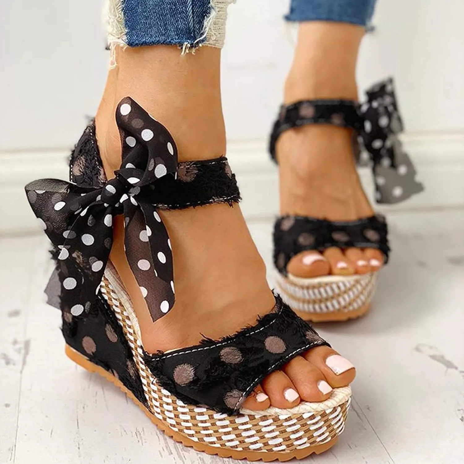 Women's Platform Wedge Sandals Polka Dot Wedge Bow Platform Sandals Elegant Floral Bow Tie Ankle Strap Shoes for Bride Wedding Christmas Halloween Party Favor