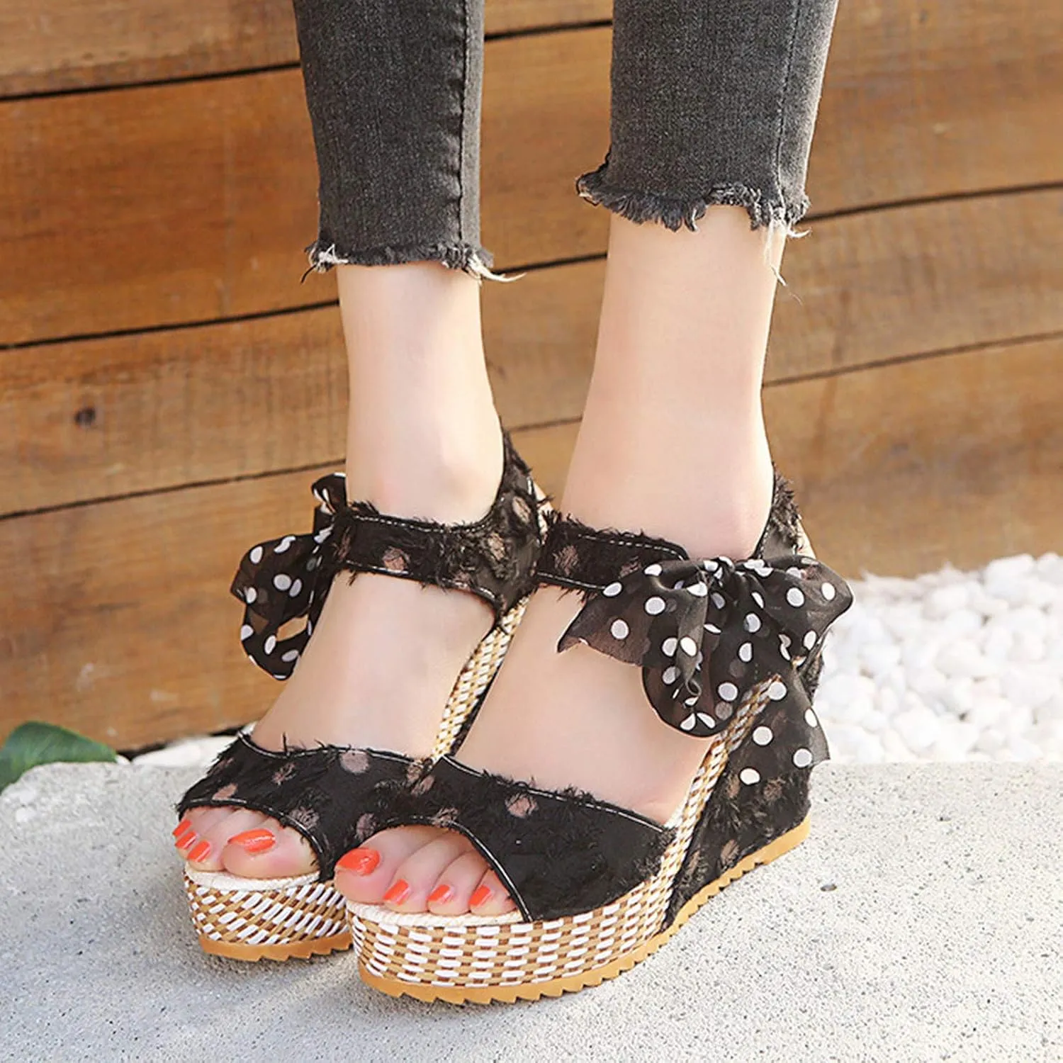 Women's Platform Wedge Sandals Polka Dot Wedge Bow Platform Sandals Elegant Floral Bow Tie Ankle Strap Shoes for Bride Wedding Christmas Halloween Party Favor